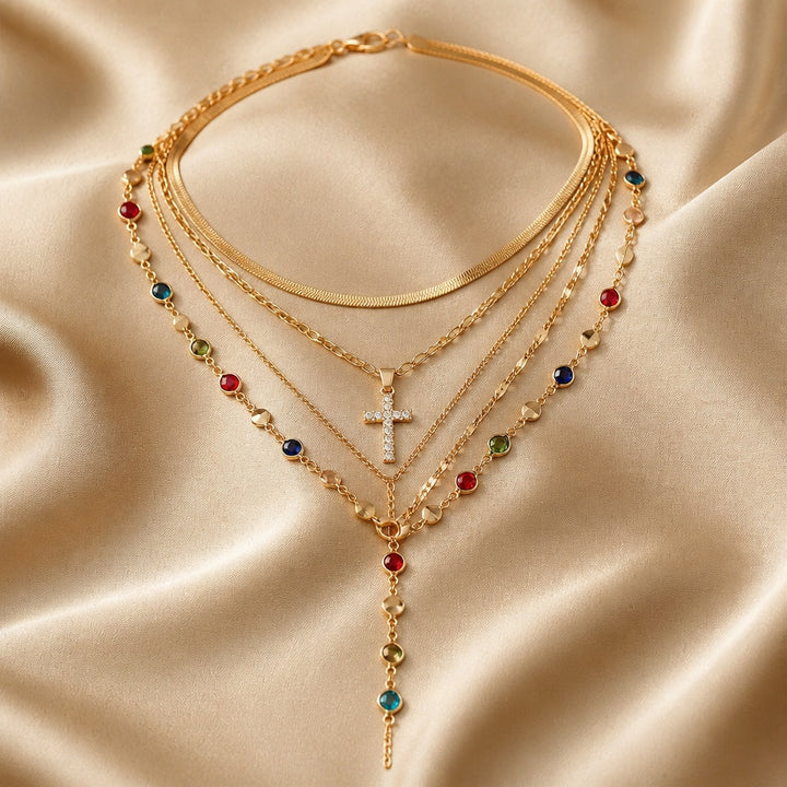 Conjunto de Colar com Pedras Coloridas em Ouro Branco