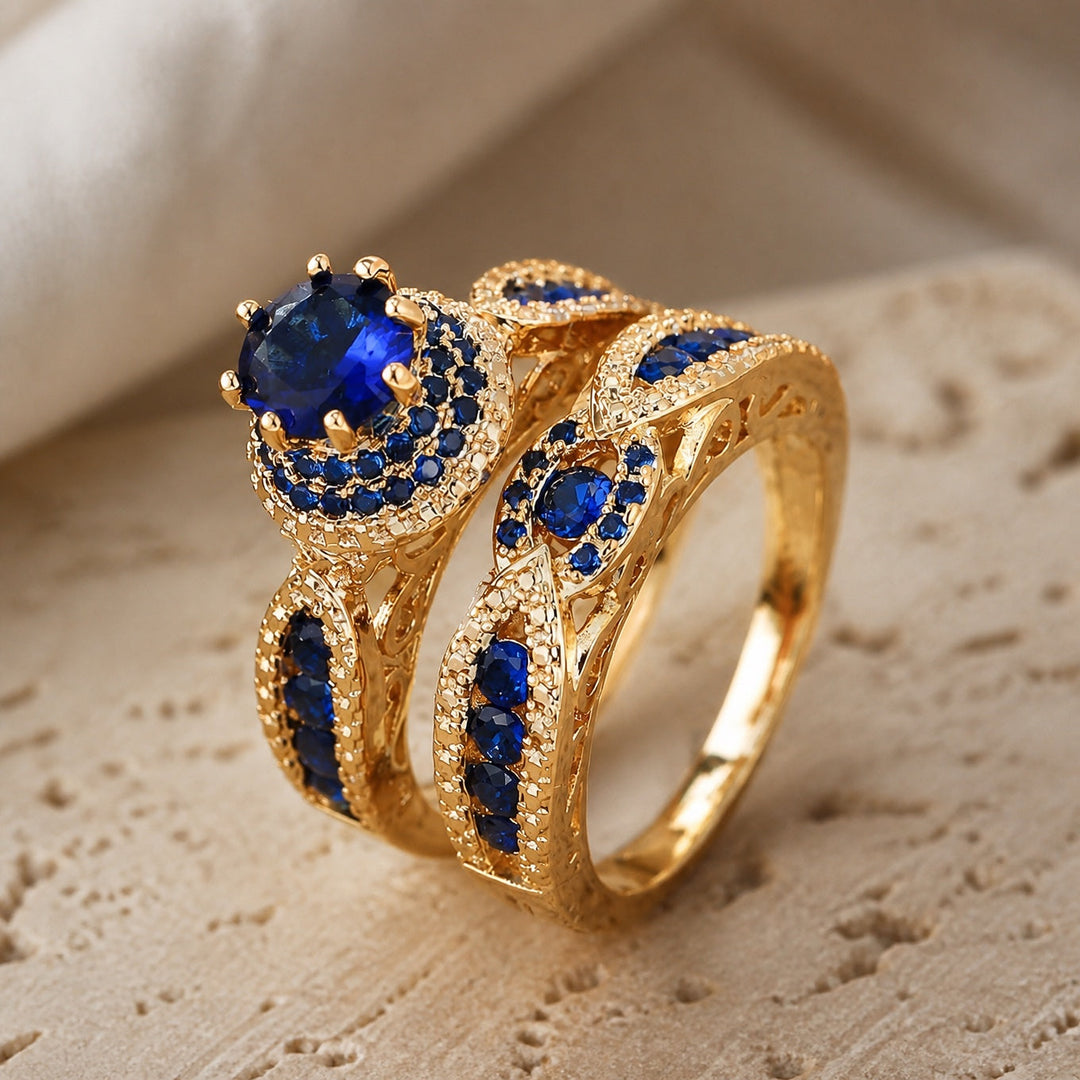 Conjunto de Anéis Victoria Safira Dourada