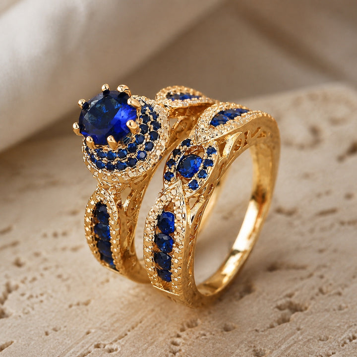 Conjunto de Anéis Victoria Safira Dourada