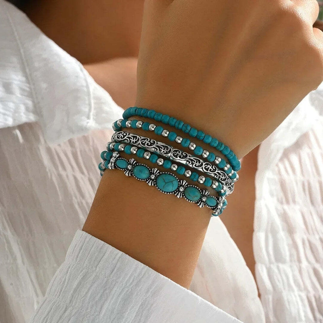 Conjunto de Pulseiras Boho com Contas Turquesa