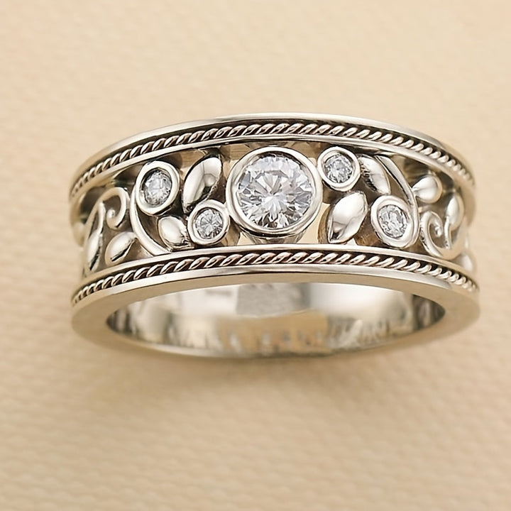 Anel Elegante de Ouro Branco com Zircônia