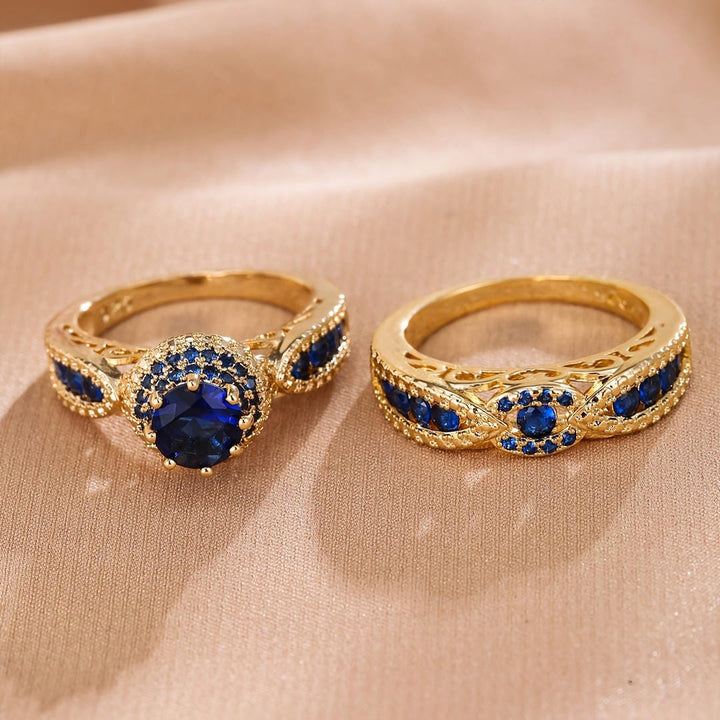 Conjunto de Anéis Victoria Safira Dourada