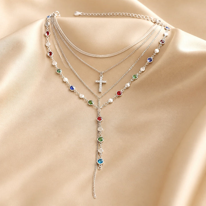 Conjunto de Colar com Pedras Coloridas em Ouro Branco