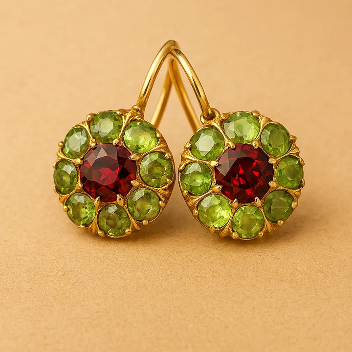 Brincos de Cristal Redondos Retro em Verde e Vermelho