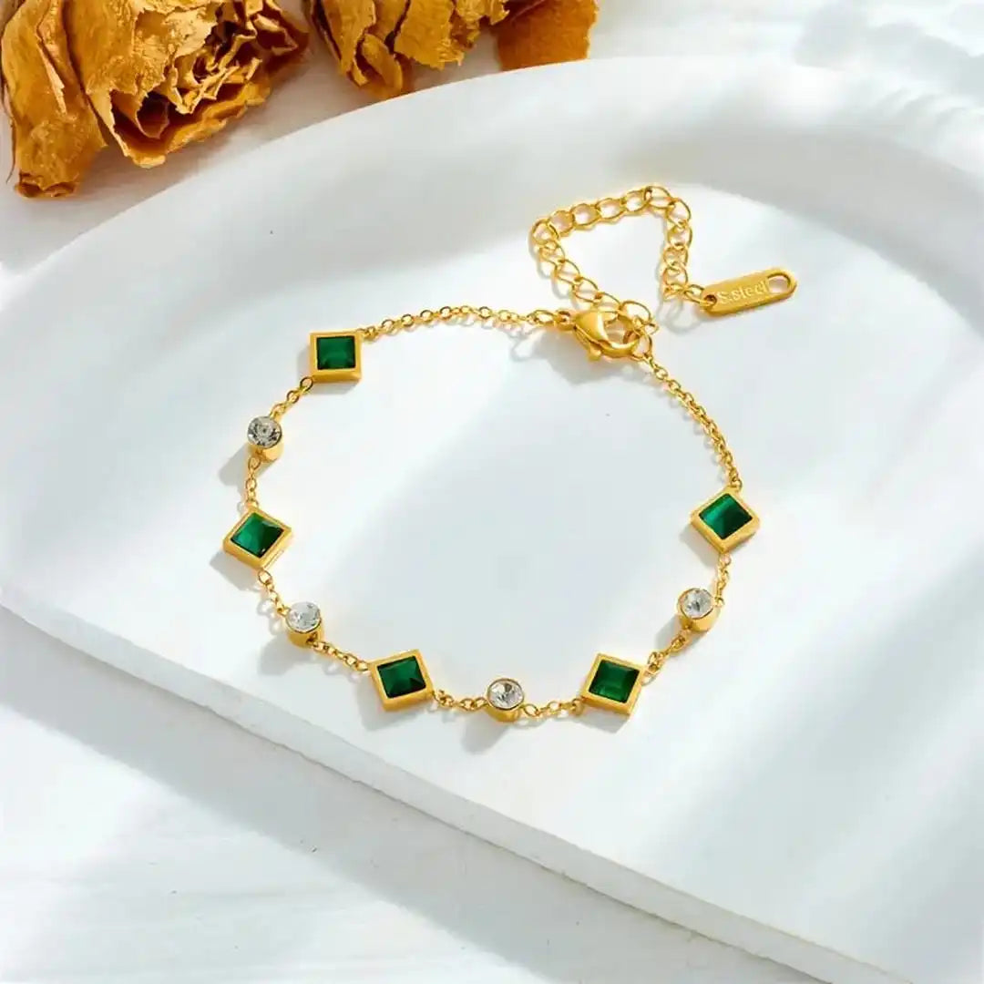 Pulseira Elegante de Estação em Esmeralda Quadrada