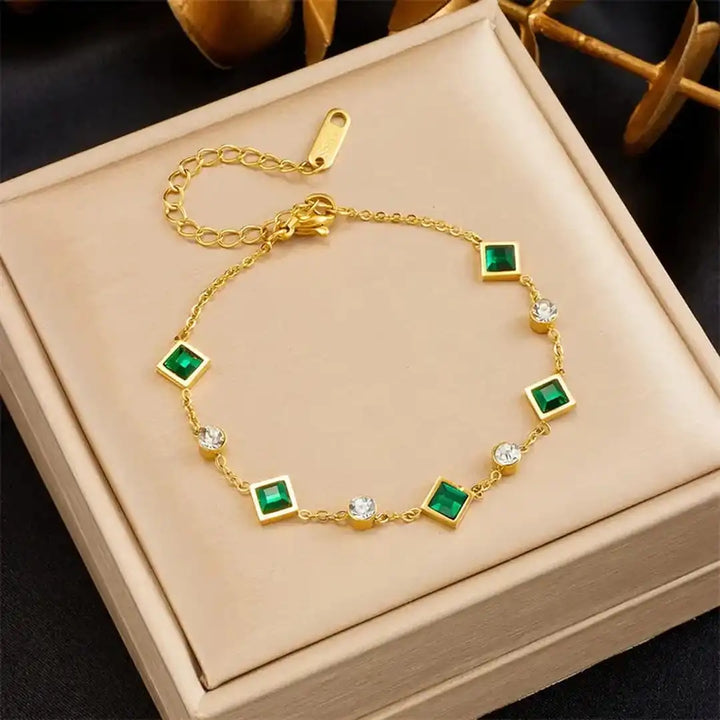 Pulseira Elegante de Estação em Esmeralda Quadrada