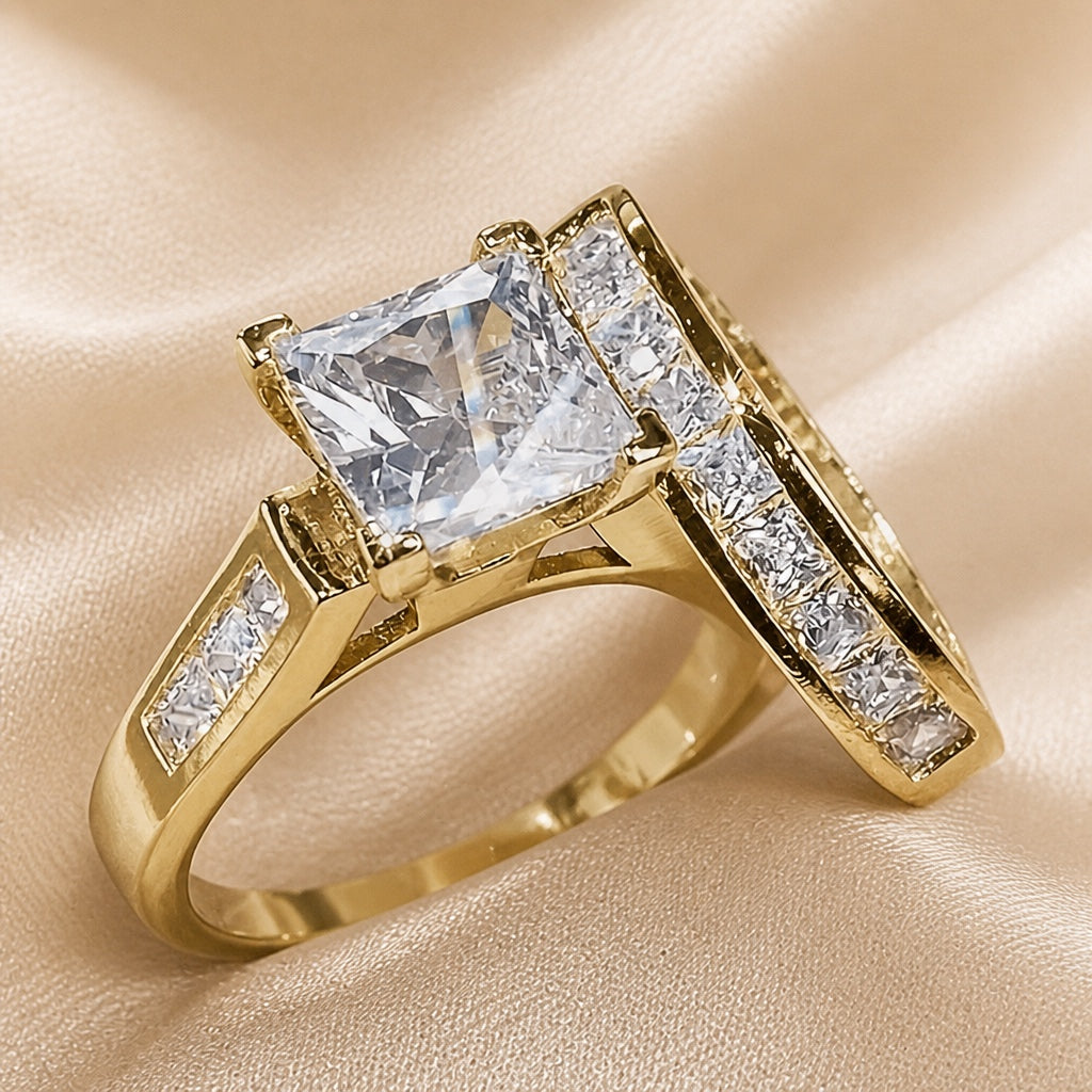 Conjunto de Anéis de Ouro Branco com Zircônia Quadrada