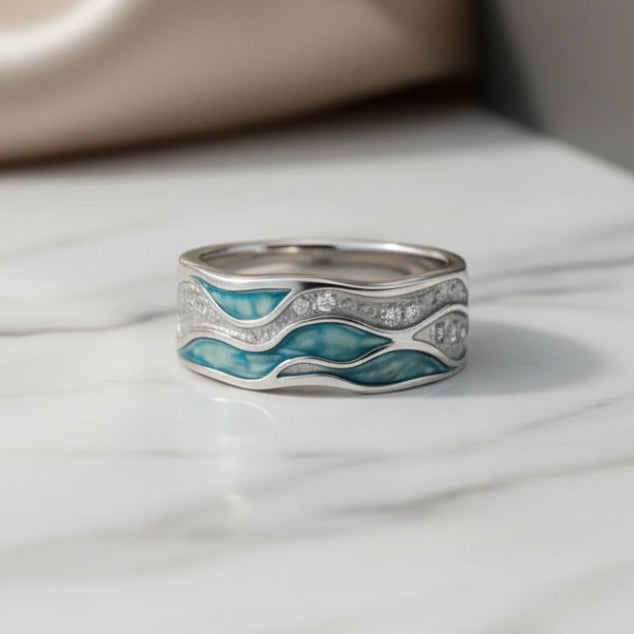 Anel de Ondas Elegantes em Prata Turquesa