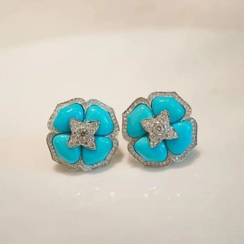 Brincos Florais Azul Prateados Sofisticados