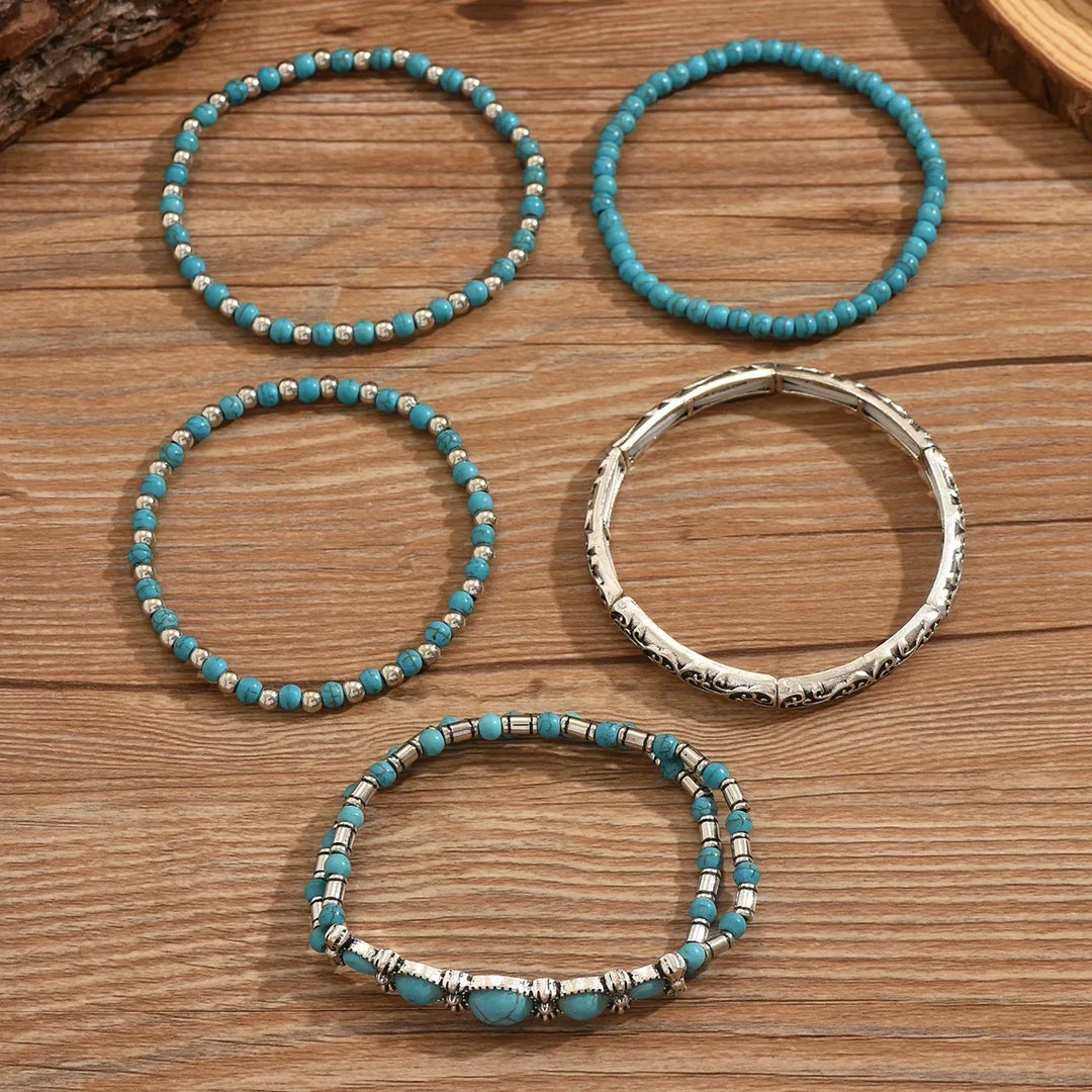 Conjunto de Pulseiras de Contas Turquesa Boémia