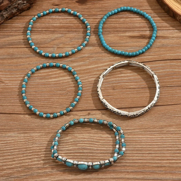 Conjunto de Pulseiras de Contas Turquesa Boémia