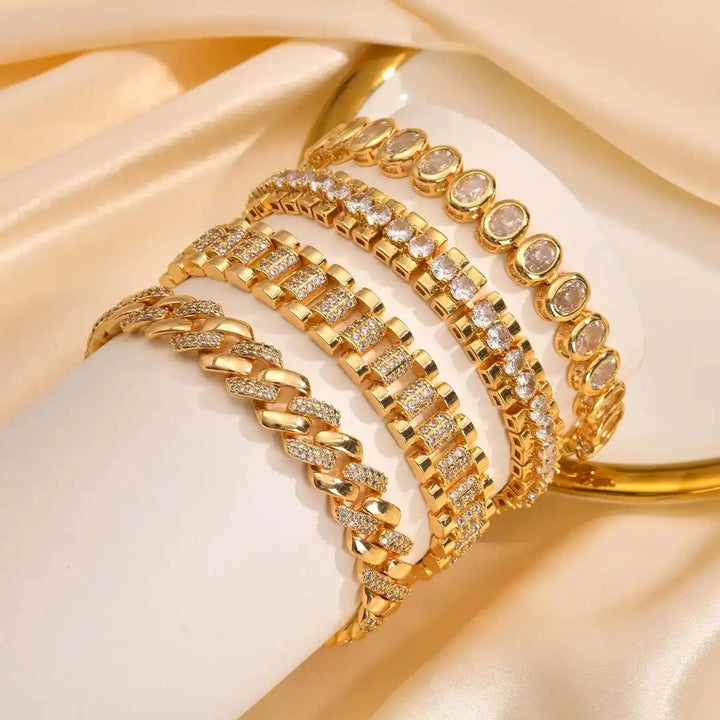 Conjunto de Pulseiras Ajustáveis em Zircónia Cúbica Dourada Chunky