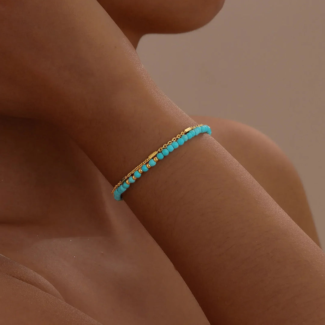 Pulseira de Turquesa com Cadeia Dupla em Ouro Atemporal