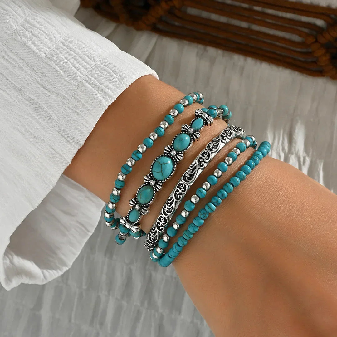 Conjunto de Pulseiras de Contas Turquesa Boémia
