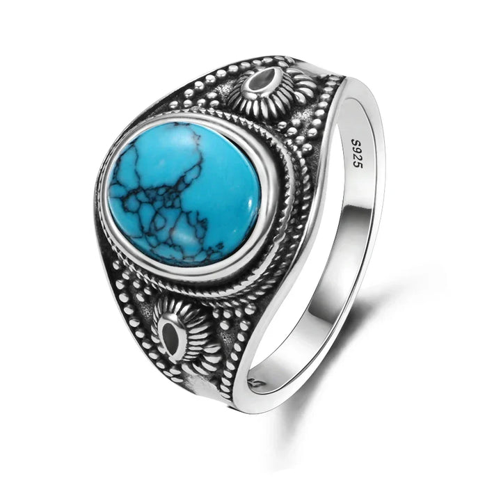 Anel Oval de Turquesa Prateado Atemporal