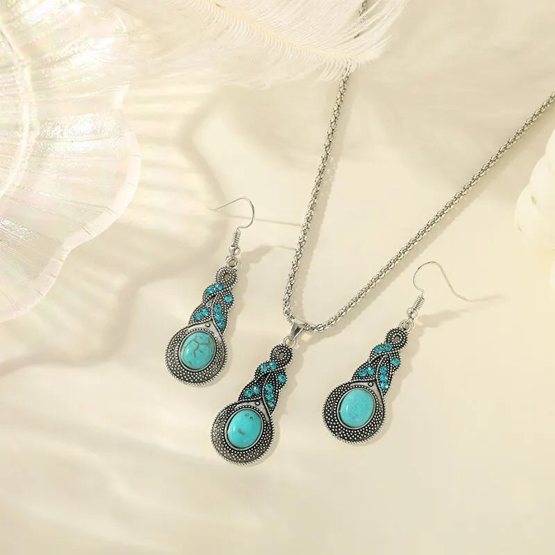 Conjunto de Joias Vintage em Pedras Turquesa