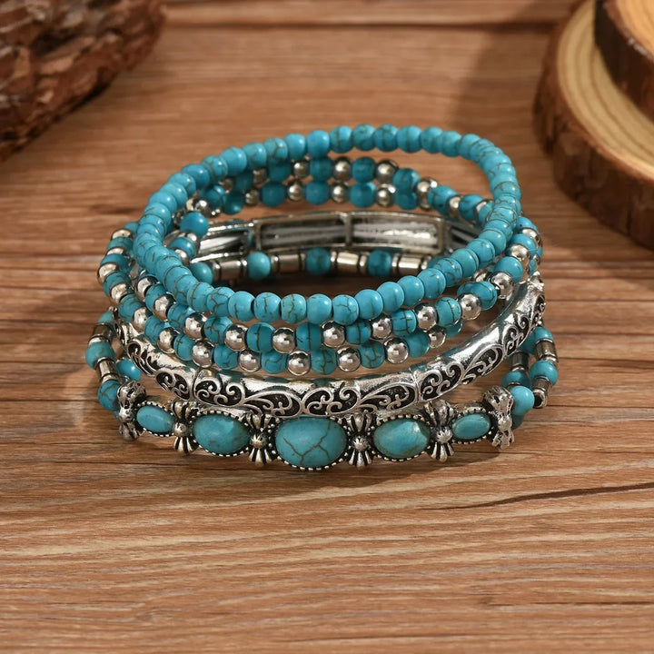 Conjunto de Pulseiras de Contas Turquesa Boémia