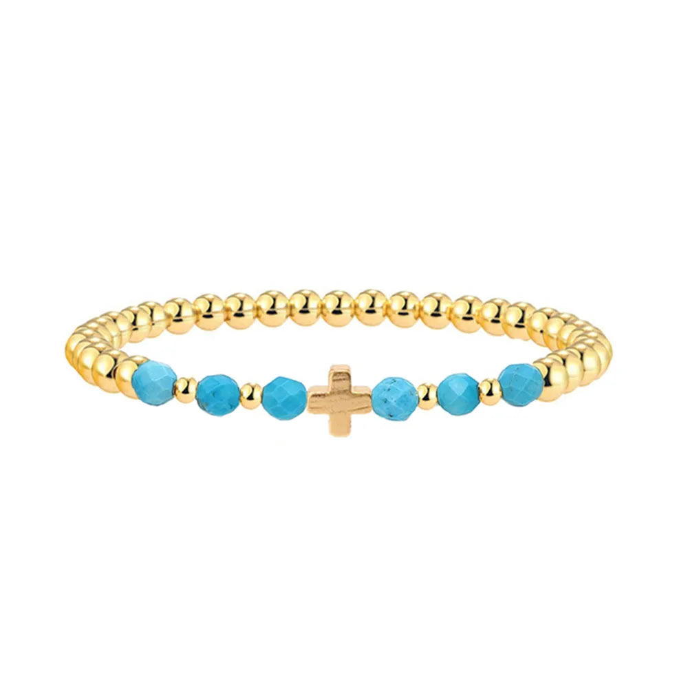 Pulseira de Charme Cruz em Pérolas Turquesa Vintage