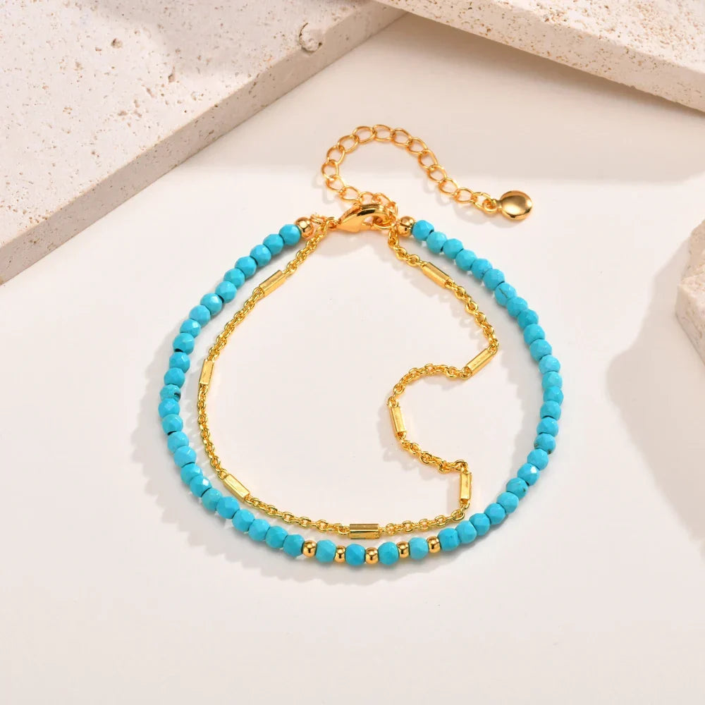 Pulseira de Turquesa com Cadeia Dupla em Ouro Atemporal