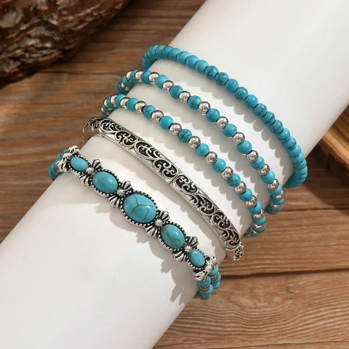 Conjunto de Pulseiras de Contas Turquesa Boémia