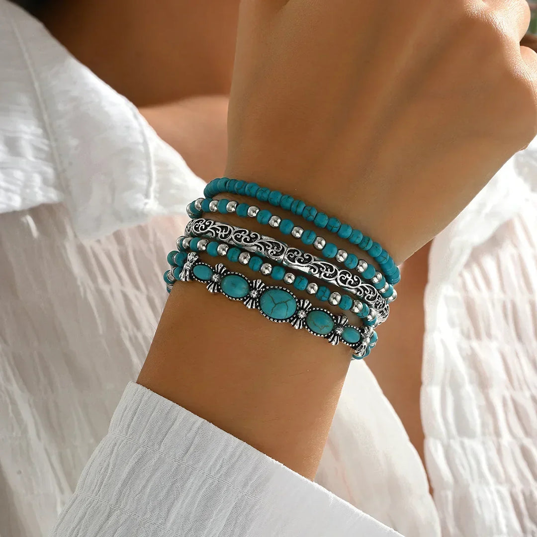 Conjunto de Pulseiras de Contas Turquesa Boémia