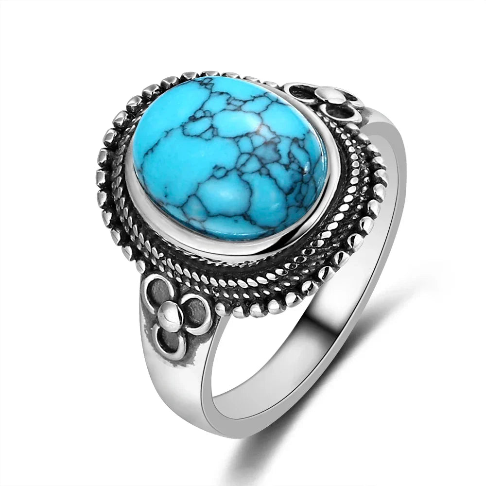 Anel Oval de Turquesa Prateado Atemporal