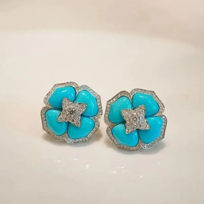 Brincos Florais Azul Prateados Sofisticados
