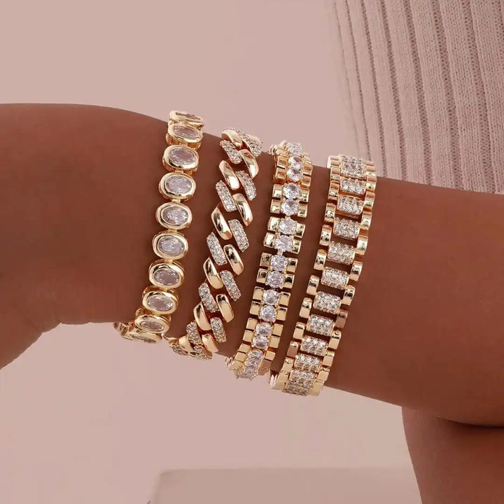 Conjunto de Pulseiras Ajustáveis em Zircónia Cúbica Dourada Chunky