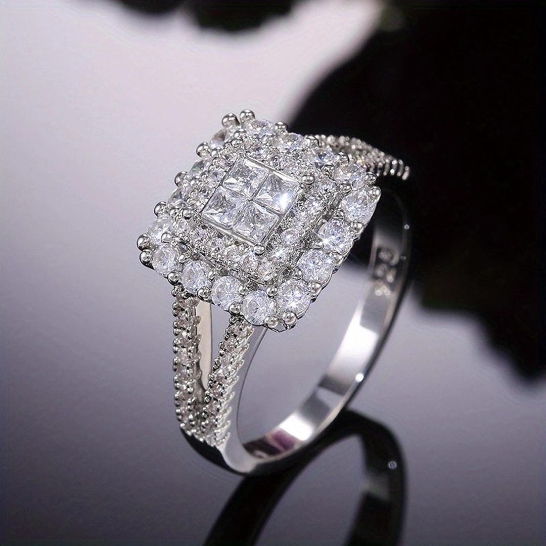 Anel de Casamento com Zircônia e Pedra Quadrada