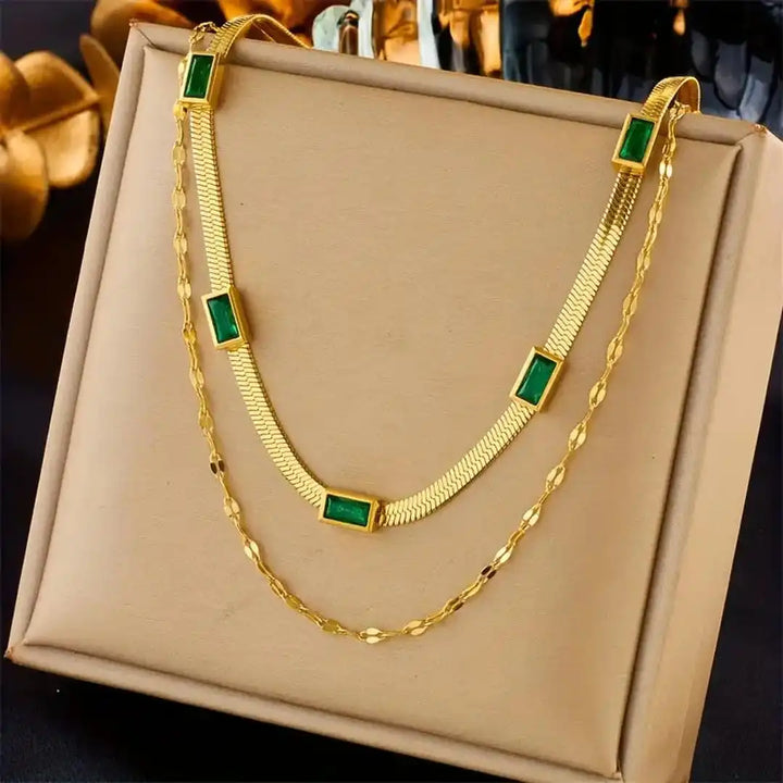 Colar Retro Dourado de Dupla Camada Gem