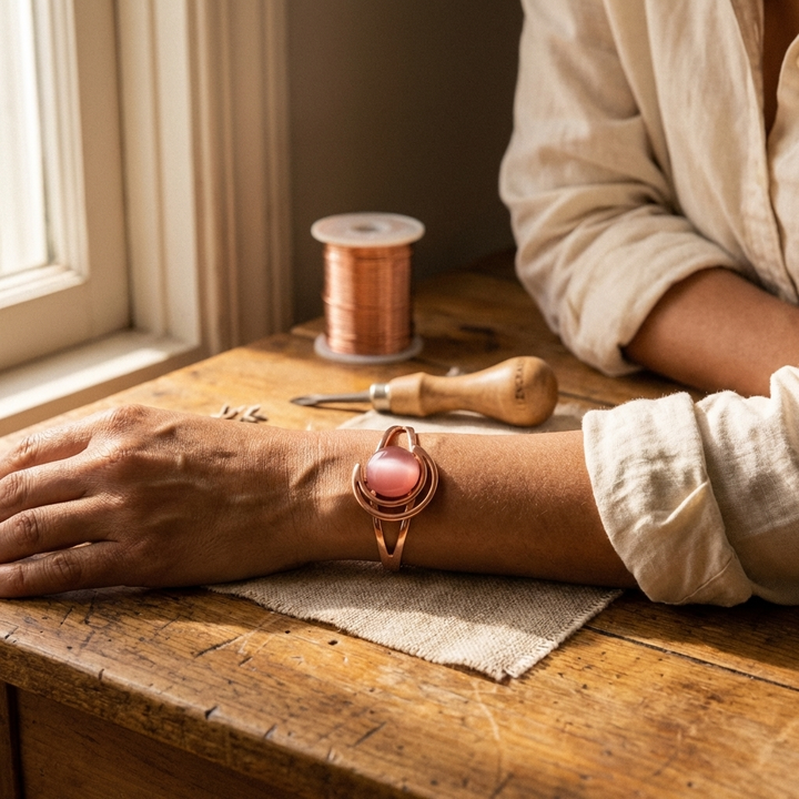 Pulseira de Cobre Rosa em Forma de Esfera