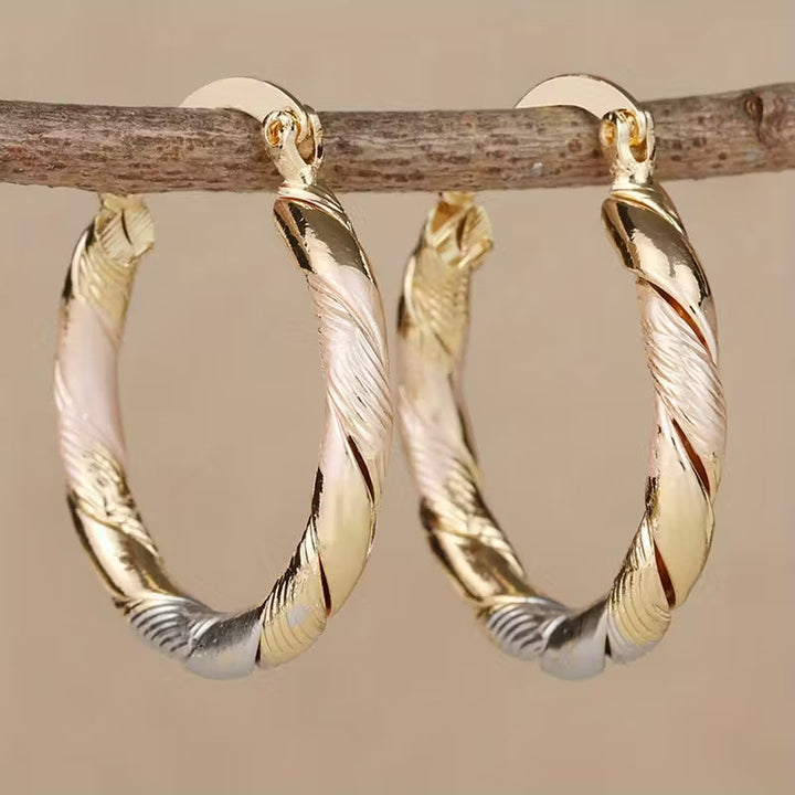 Brincos Vintage de Argola Redonda em Ouro, Prata e Rosa